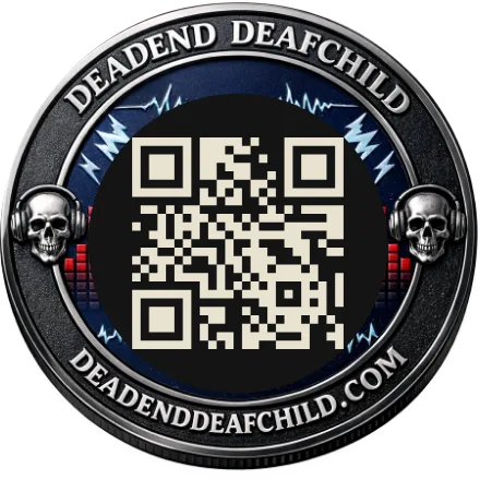 A blackened steel coin with skulls in headphones either side of a QR mark, a waveform behind it