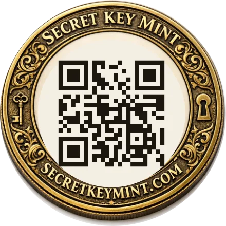An antique brass coin with an engraved key-and-scroll ring around a bone-white QR panel